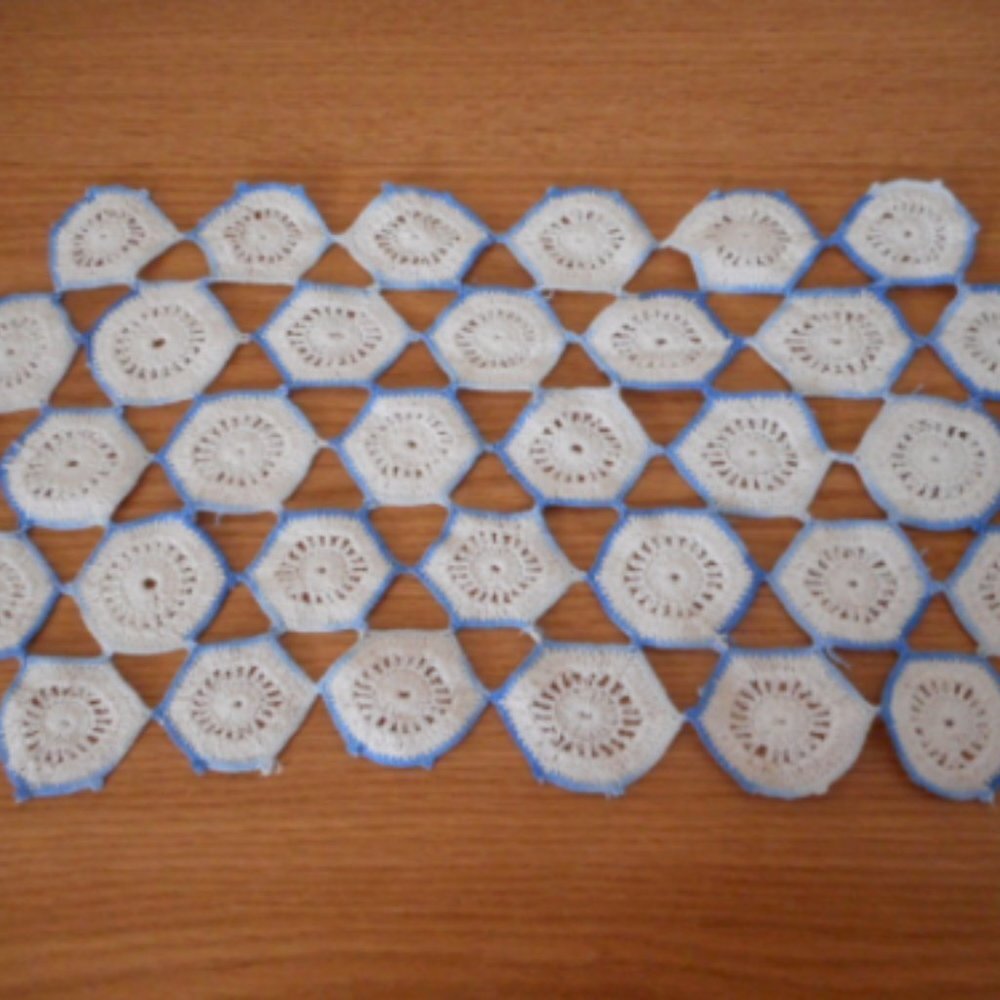 Vintage Blue and white 17" x 8" Handmade Doily